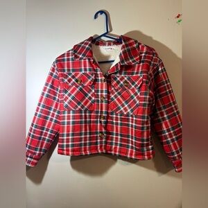 Beautees Shacket Girls small 7/8 red white black plaid jacket front‎ pockets